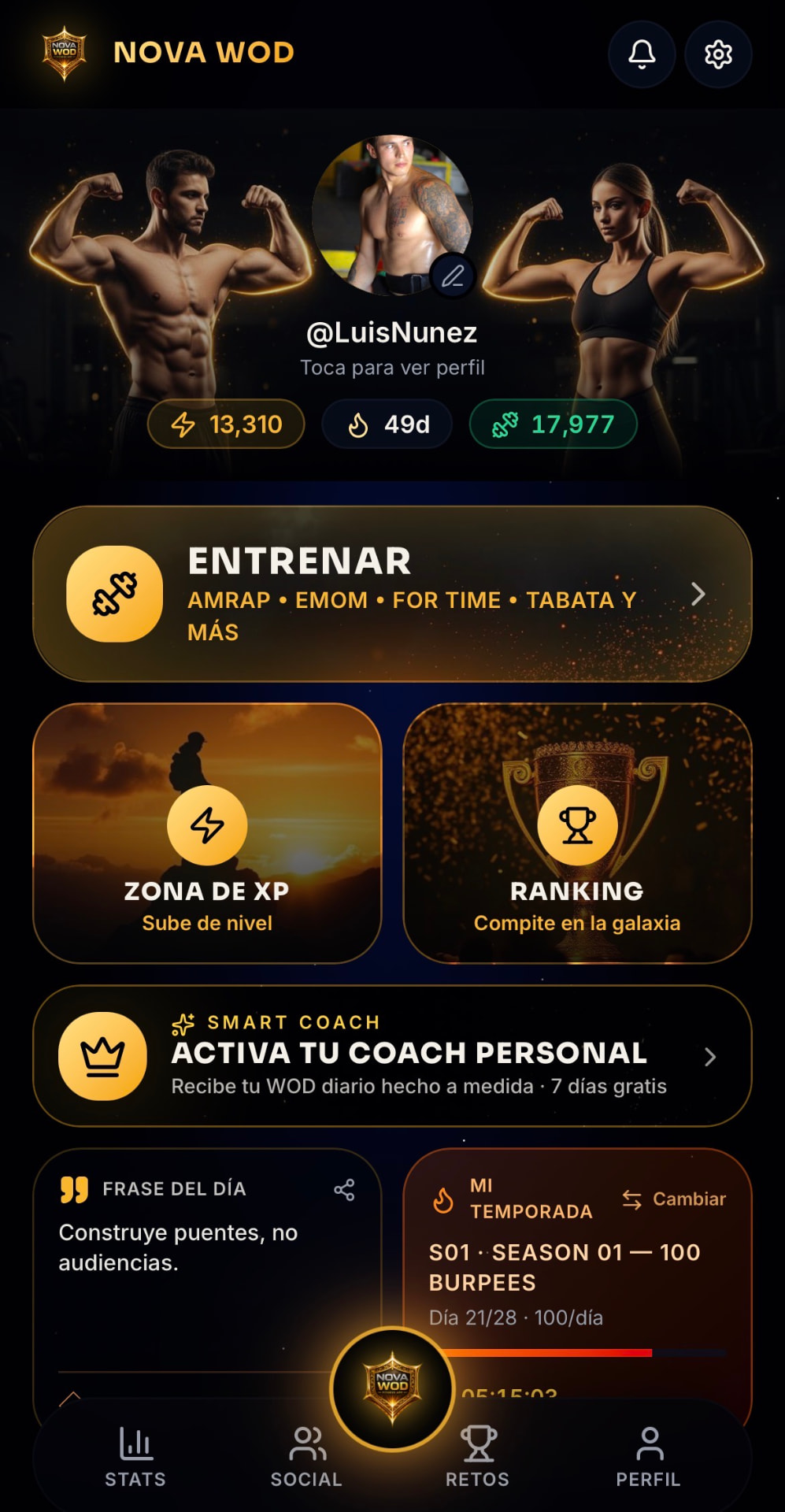 Pantalla Dashboard de la app NOVA WOD