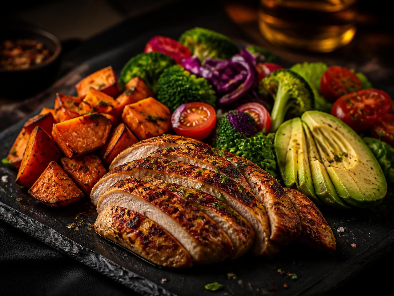Plato saludable con pollo a la parrilla, camote, verduras y aguacate